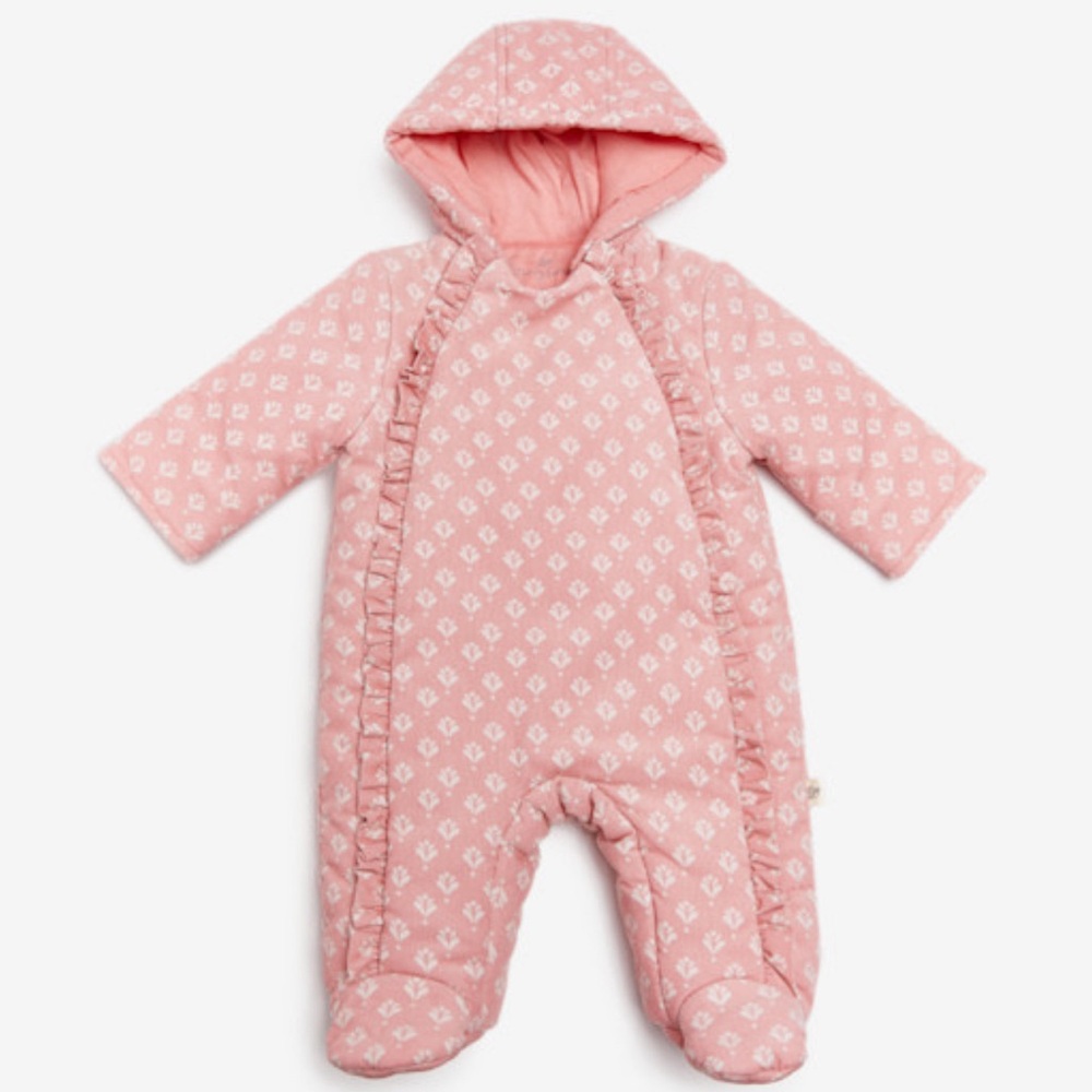NWOT Tiny Kind Corduroy Bunting Suit in Pink Indian Block print. Puffer onesie